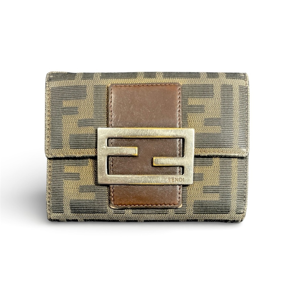 Vintage Fendi Zucca Canvas Trifold Wallet - Brown Leather Trim - Made in Italy